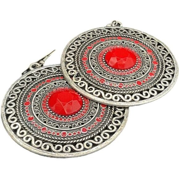Bohemian Vintage-Style Silver & Red Statement Earrings - Picture 5 of 5